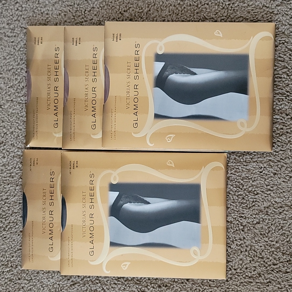 5 Victoria's Secret Glamour Sheers - Lace High-Cut Panty - Jet Black & Nude - S